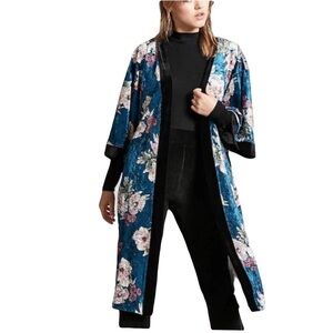 Forever 21 green velvet floral kimono robe cardigan Spring Summer boho M